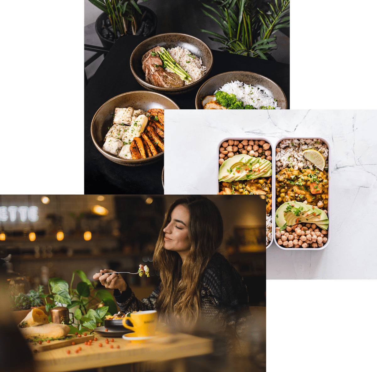 woman enjoying food, meals in storage containers, and food bowls on a table